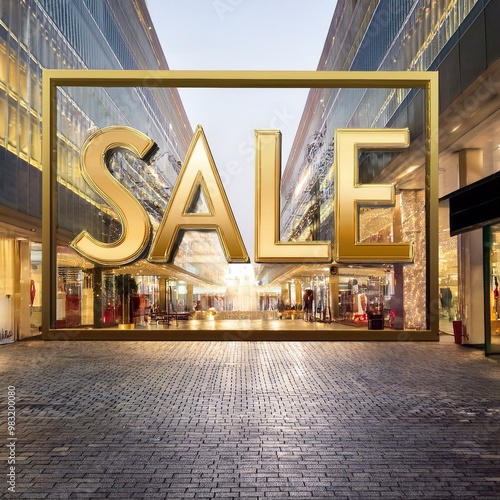 golden sale sign in shopping mal with copy space  photo