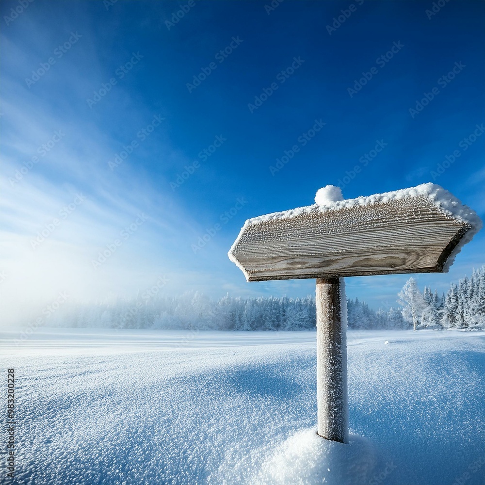 Naklejka premium frosty wood sign in winter with copy space