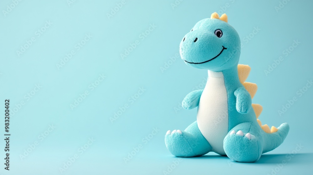 Obraz premium Plush dinosaur toy with embroidered details, isolated on a pastel blue backdrop