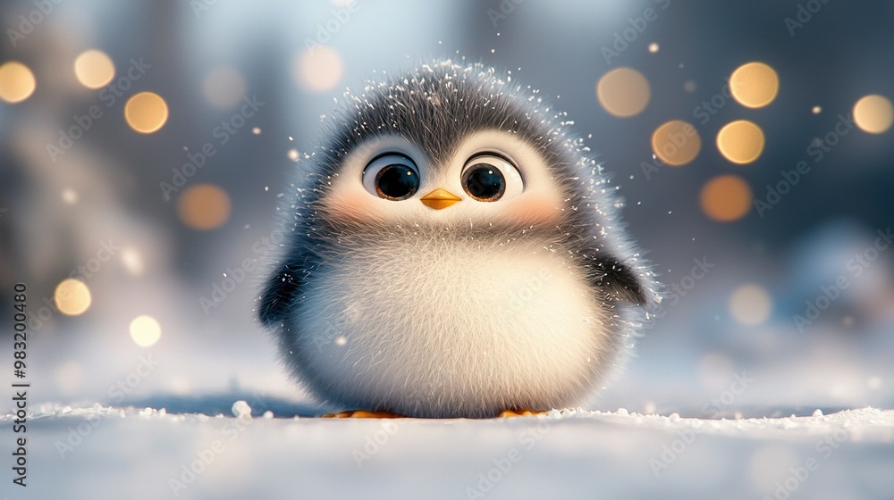 A sharp image of a tiny penguin on a snowy ground with hazy background and soft lights in the back A sharp image of a tiny penguin on a snowy ground with hazy background and soft lights in the back
