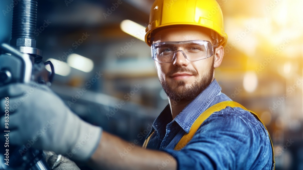 A man in a yellow helmet and safety glasses is standing in front of a machine A man in a yellow helmet and safety glasses is standing in front of a machine