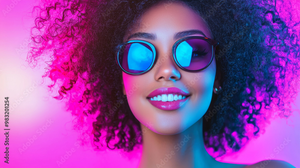 Young woman with afro hair wearing sunglasses smiles. Young woman with afro hair wearing sunglasses smiles.