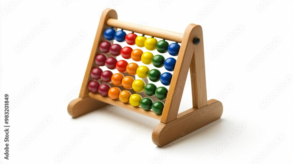 Wooden abacus with brightly colored beads, isolated on a white background Wooden abacus with brightly colored beads, isolated on a white background