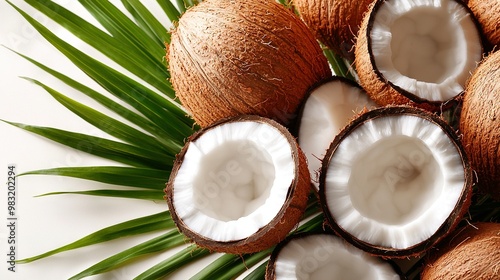  A tabletop with coconuts and a halved coconut