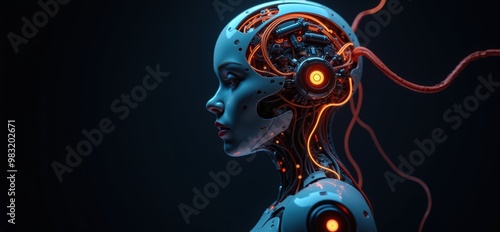 A futuristic humanoid robot with intricate circuitry and glowing elements, showcasing advanced technology and artificial intelligence concepts. photo