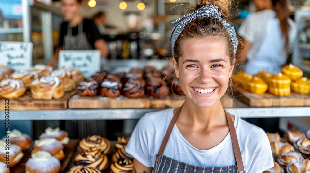 A baker stands in front of a colorful display of pastries, wearing an apron and a cheerful smile, as customers admire the tempting treats in a lively bakery atmosphere. A baker stands in front of a colorful display of pastries, wearing an apron and a cheerful smile, as customers admire the tempting treats in a lively bakery atmosphere.