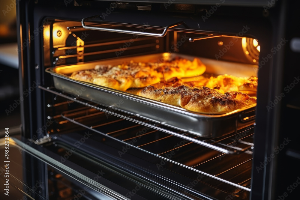 Two trays of freshly baked bread are placed in a preheated oven, emanating a warm glow and delicious aroma, showing the golden-brown crust and bubbling toppings. Two trays of freshly baked bread are placed in a preheated oven, emanating a warm glow and delicious aroma, showing the golden-brown crust and bubbling toppings.