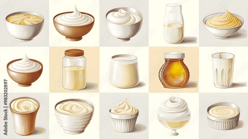 Whipped Cream Yogurt and Honey Set of 12 Food Illustrations Whipped Cream Yogurt and Honey Set of 12 Food Illustrations