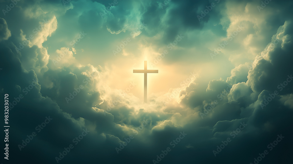 A radiant cross illuminates the sky amidst clouds, symbolizing resurrection and faith A radiant cross illuminates the sky amidst clouds, symbolizing resurrection and faith