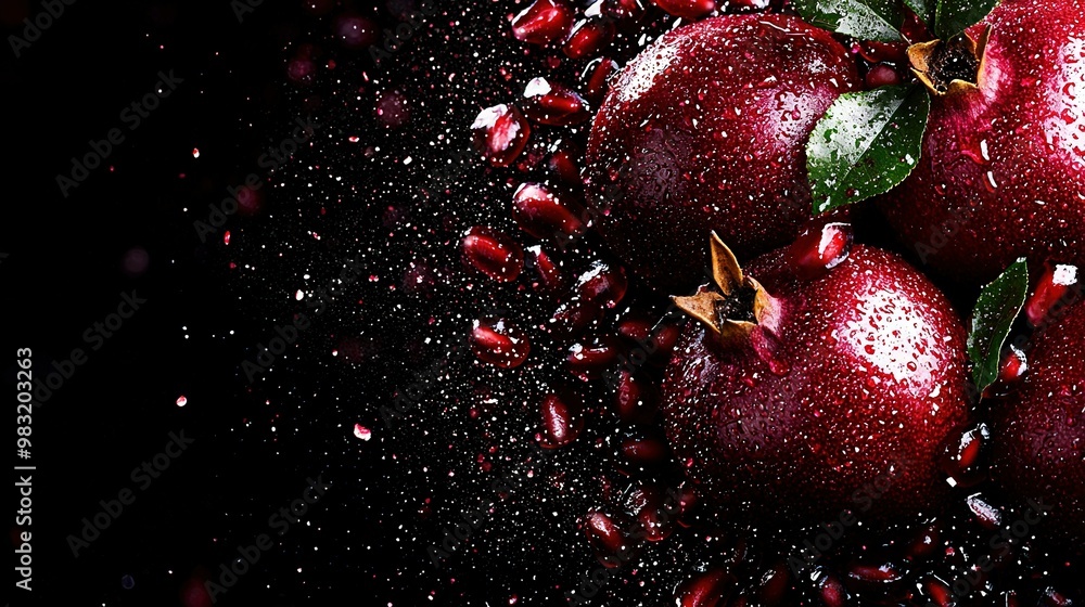 A cluster of scarlet apples perched on a tabletop surrounded by droplets of water and a nearby verdant foliage A cluster of scarlet apples perched on a tabletop surrounded by droplets of water and a nearby verdant foliage