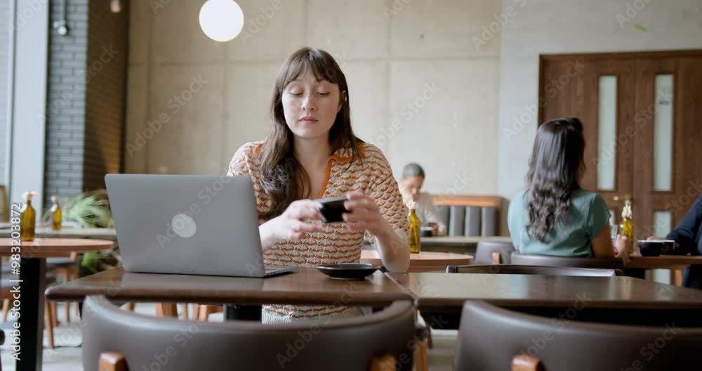 Young Female Freelancer using Laptop, Working from a Cafe Young Female Freelancer using Laptop, Working from a Cafe