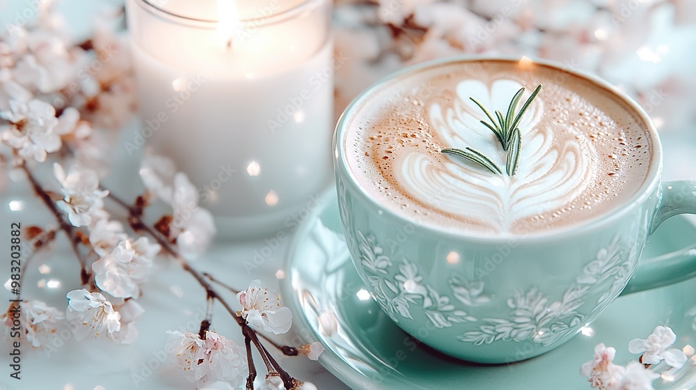 A cup of cappuccino with a sprig of rosemary on a saucer and near a candle A cup of cappuccino with a sprig of rosemary on a saucer and near a candle
