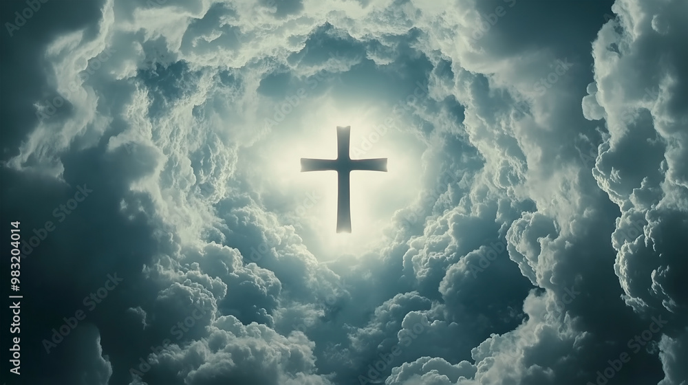 A cross illuminated by heavenly light amidst dramatic clouds symbolizes resurrection and hope A cross illuminated by heavenly light amidst dramatic clouds symbolizes resurrection and hope
