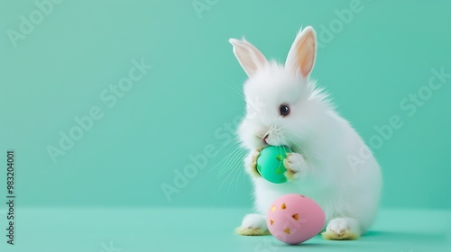 A fluffy white bunny toy with a colorful Easter egg in its paws on a mint green background