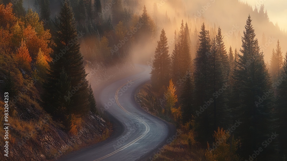 Serene Autumn Scenic View of Winding Road Through Misty Forest Serene Autumn Scenic View of Winding Road Through Misty Forest