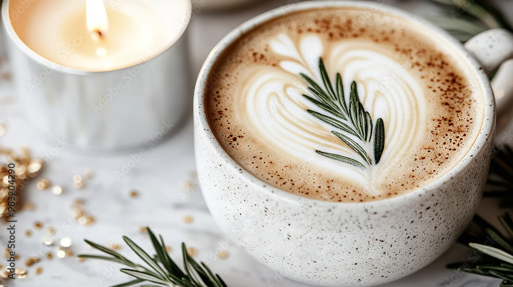 Cup of cappuccino with rosemary sprig and candle in back Cup of cappuccino with rosemary sprig and candle in back