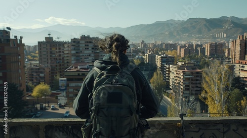 Traveler with backpack gazes at stunning urban landscape, ideal for travel text placement