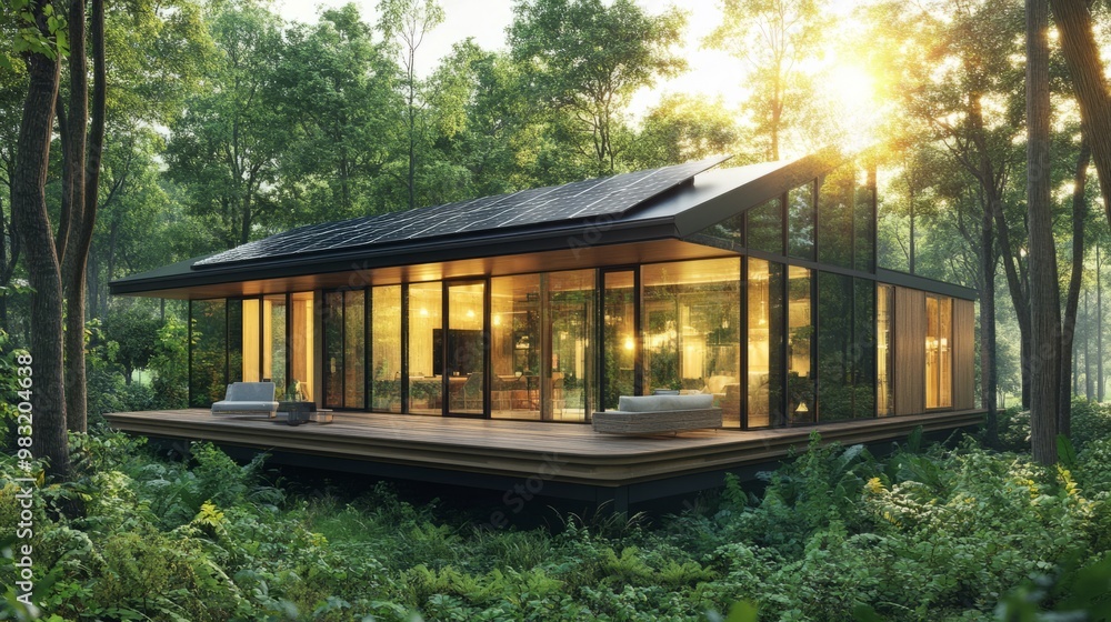 Modern Glass House Surrounded by Lush Forest Landscape Modern Glass House Surrounded by Lush Forest Landscape
