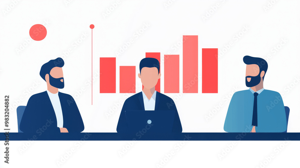 Three men in suits discuss business strategy in front of a graph. Three men in suits discuss business strategy in front of a graph.