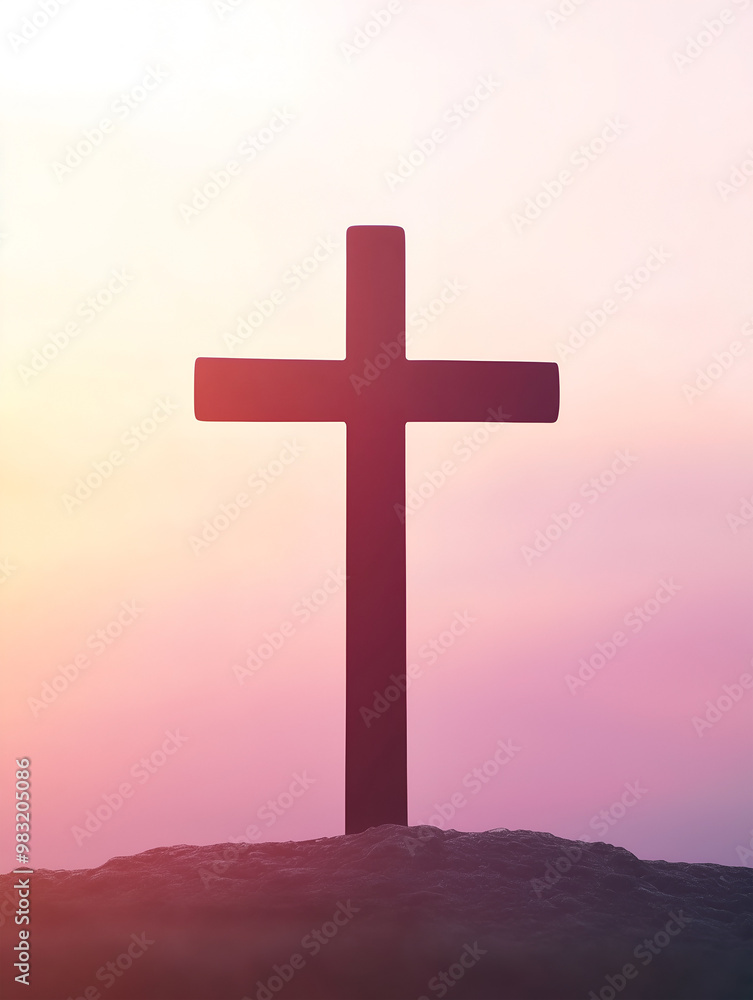 Crucifix symbol of Jesus against a vibrant sunset on a mountain landscape Crucifix symbol of Jesus against a vibrant sunset on a mountain landscape