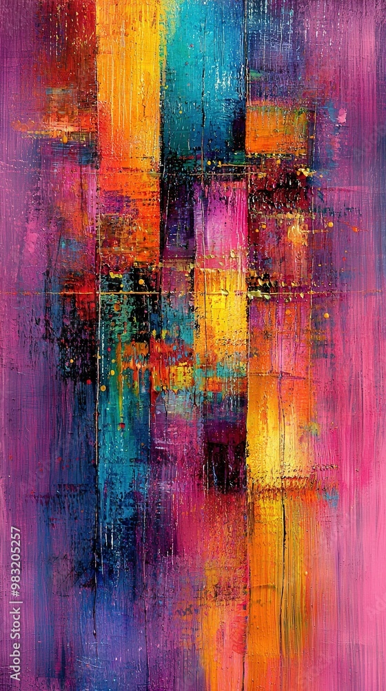 Fototapeta premium An abstract painting with vivid hues on a pink and yellow canvas, featuring squares of diverse sizes and tones appearing to have been painted with various shades of pink, blue, yellow,