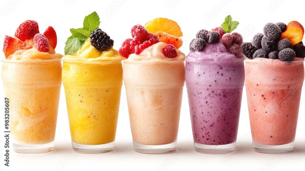 A vibrant assortment of fruit smoothies in various colors A vibrant assortment of fruit smoothies in various colors