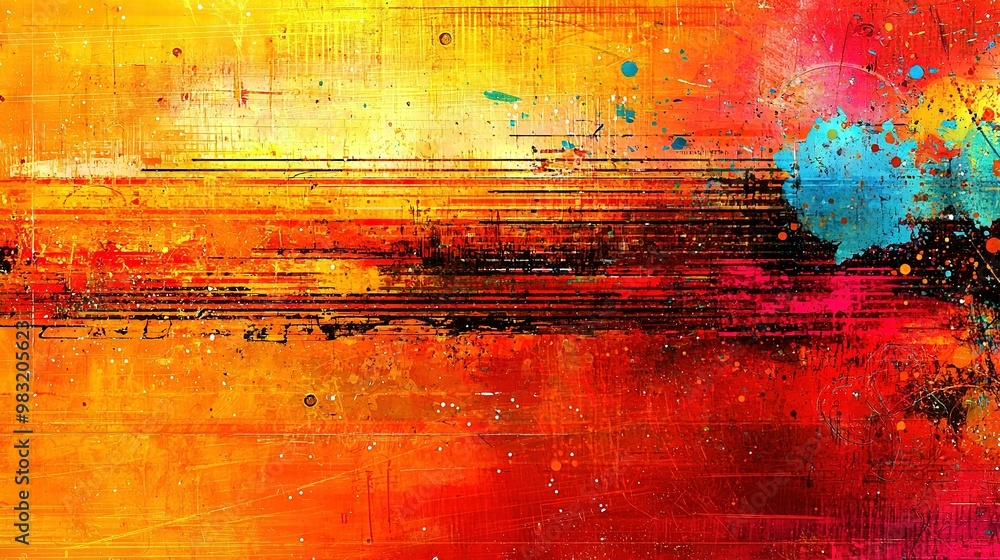 Fototapeta premium An abstract painting with vibrant splatters of yellow, red, and blue on a black-white backdrop