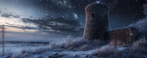 A historic stone tower on a frosty hillside, used as an observatory, where locals gather to view winter constellations, its ancient walls providing shelter from the biting winds photo