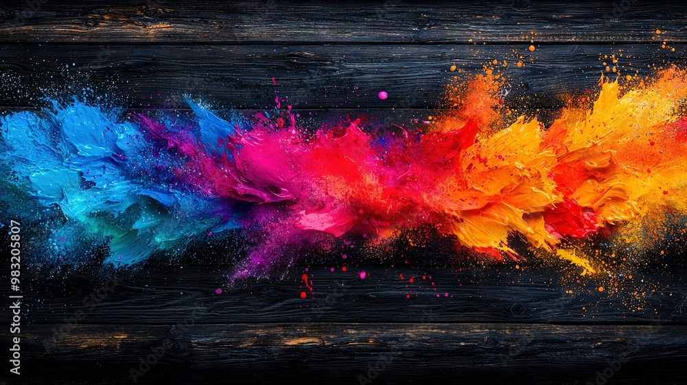 Fototapeta premium A colorful object soars through the black sky with a wooden plank in the foreground