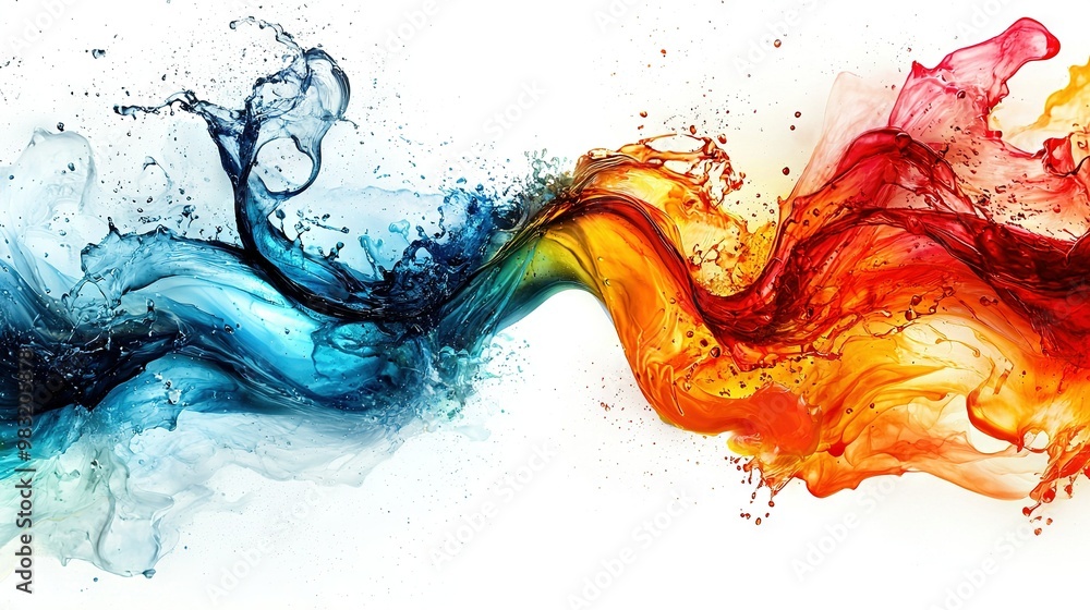   A vibrant wave of water on a pure white backdrop with a water splash at its base