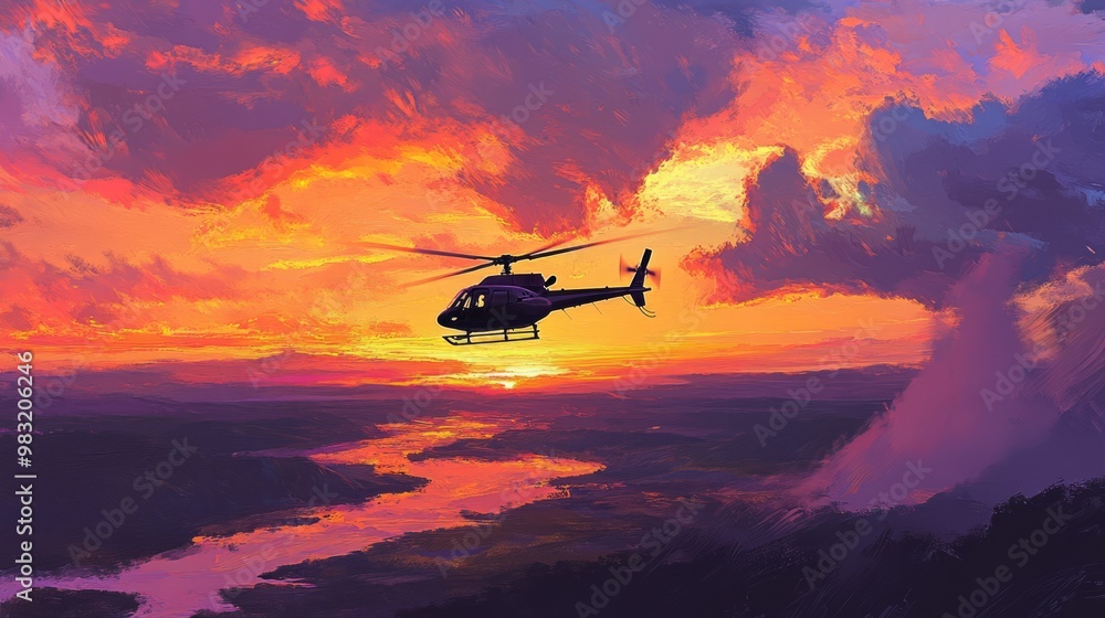 Helicopter Flying Over Colorful Sunset Landscape Helicopter Flying Over Colorful Sunset Landscape