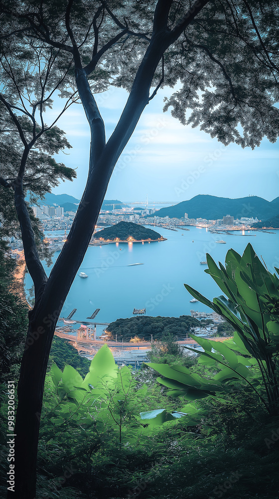The view at night, overlooking the city and the Inland Sea. The sea reflects the moonlight, wallpaper The view at night, overlooking the city and the Inland Sea. The sea reflects the moonlight, wallpaper