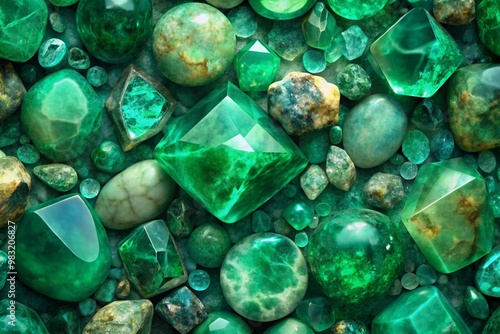 Various green gemstones, natural crystals, vibrant texture, decorative elements, for jewelry and design