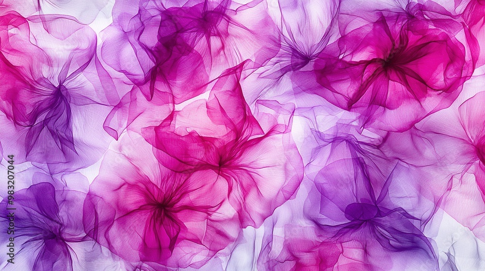 A vast array of pink and purple blossoms against a white and purple backdrop resembles a swirling cloud A vast array of pink and purple blossoms against a white and purple backdrop resembles a swirling cloud