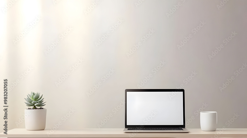 A laptop sits on a desk next to two potted plants A laptop sits on a desk next to two potted plants