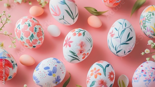 A group of Easter eggs with hand-painted designs on a soft pink background