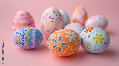 A group of Easter eggs with hand-painted designs on a soft pink background