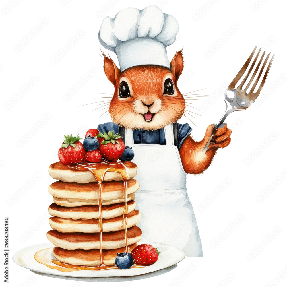 Squirrel chef with pancakes, white isolate background Squirrel chef with pancakes, white isolate background