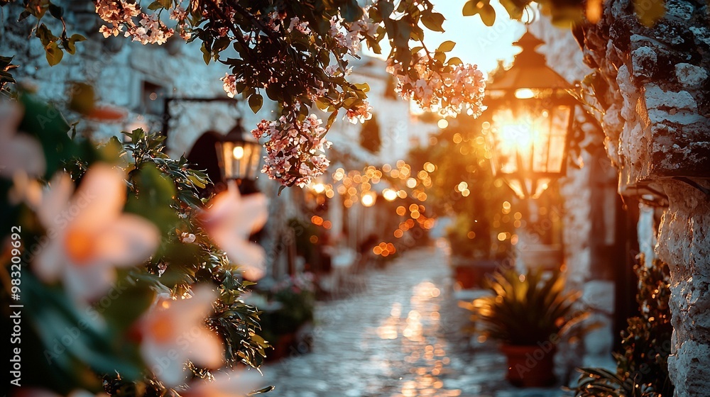   A tree's leaves allow sunlight to reach the cobblestone street lined with potted plants behind them