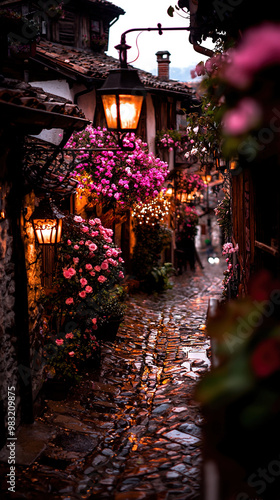  A cobblestone street lined with pink flowers and a lamp on one side