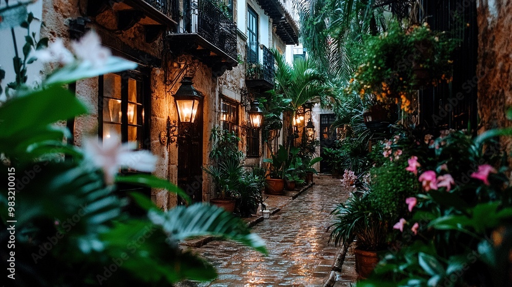 Cobblestone street with potted plants flanking it and a building on the opposite side Cobblestone street with potted plants flanking it and a building on the opposite side