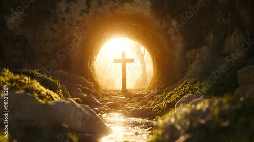 Wallpaper Mural The radiant moment of Jesus' resurrection at the empty tomb during dawn light Torontodigital.ca