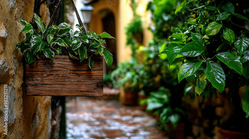   A wooden sign dangles from the brick wall beside a planter brimming with potted plants photo