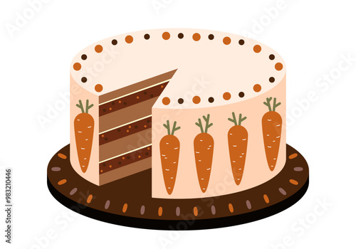 Sweet carrot cake with delicious cream. Homemade carrot cake. Plate with delicious carrot cake. Delicious carrot cake decorated with mastic sweet carrots