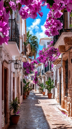 Fototapeta Naklejka Na Ścianę i Meble -    A narrow street features potted plants and flowers on both sides The buildings along the street have balconies