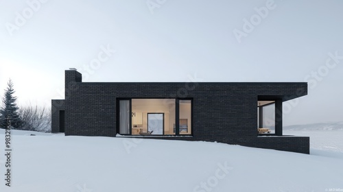 A minimalist home with dark brick siding against a snowy landscape, starkly contrasting the white surroundings while highlighting modern insulation techniques photo