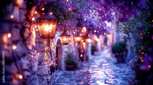  A road lined with lamps on both sides and purple blossoms along its edge