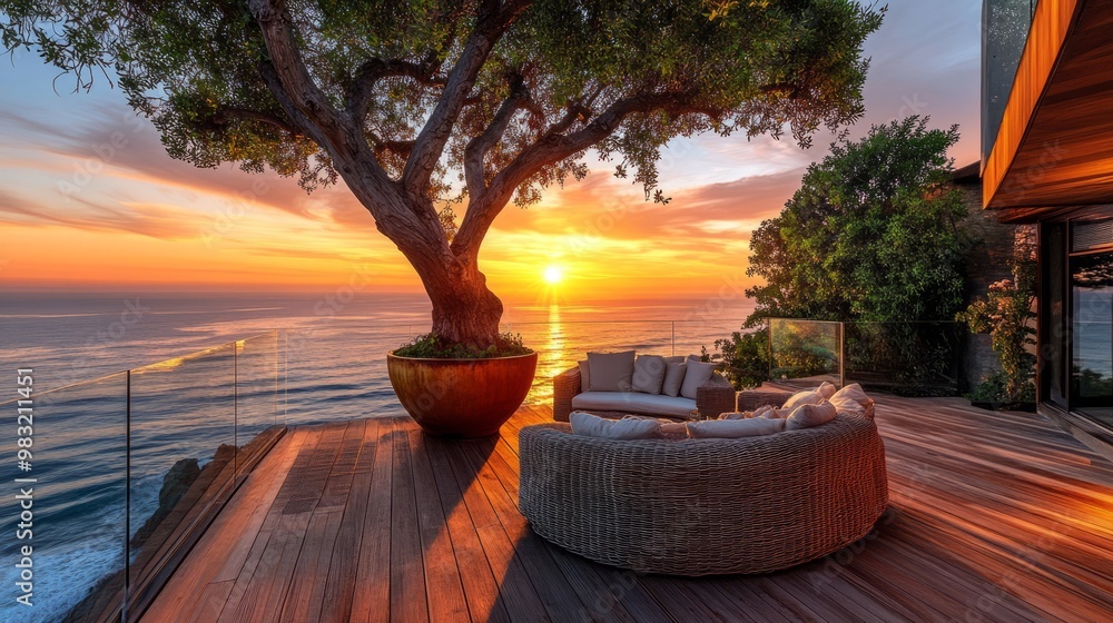 Obraz premium Serene Sunset Views from Coastal Deck with Tree
