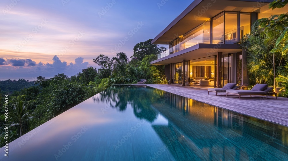 Obraz premium Modern Tropical Villa with Infinity Pool at Sunset
