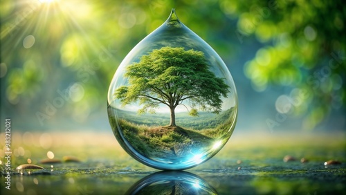 Water drop with a tree inside, eco-friendly concept, vibrant nature scene, soft sunlight